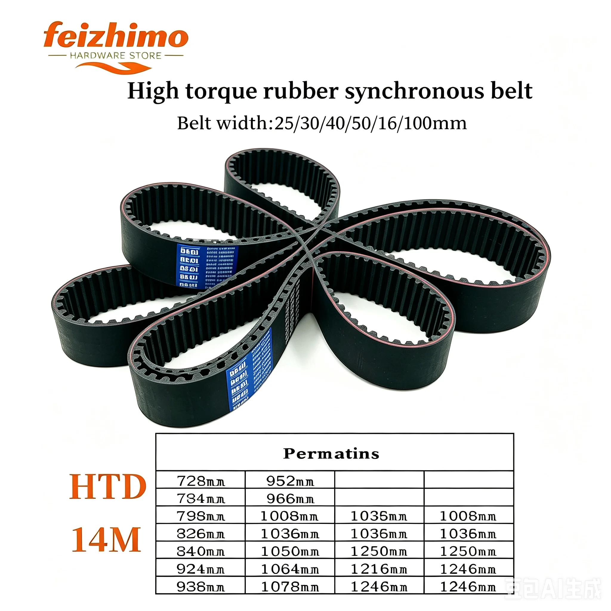 FM HTD14M High Torque Rubber Synchronous Belt Various Widths 25-100mm Circumference 928-1400mm for Precision Drive Systems