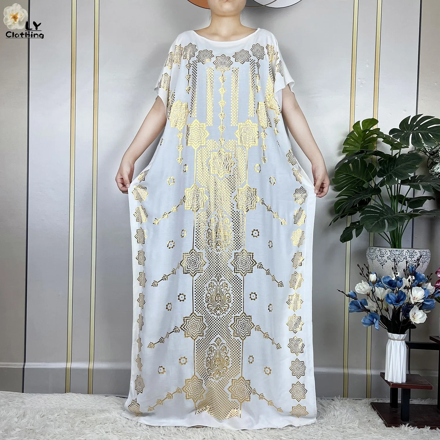 New African Abaya Femme Short Sleeve Dress With Big Scarf Dashiki Printed Cotton Loose Women's Kaftan Islamic Casual Clothing