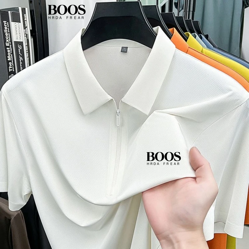 

New men's high-quality silk zipper polo shirt, summer Korean version, fashionable, casual, breathable, silky and cool top