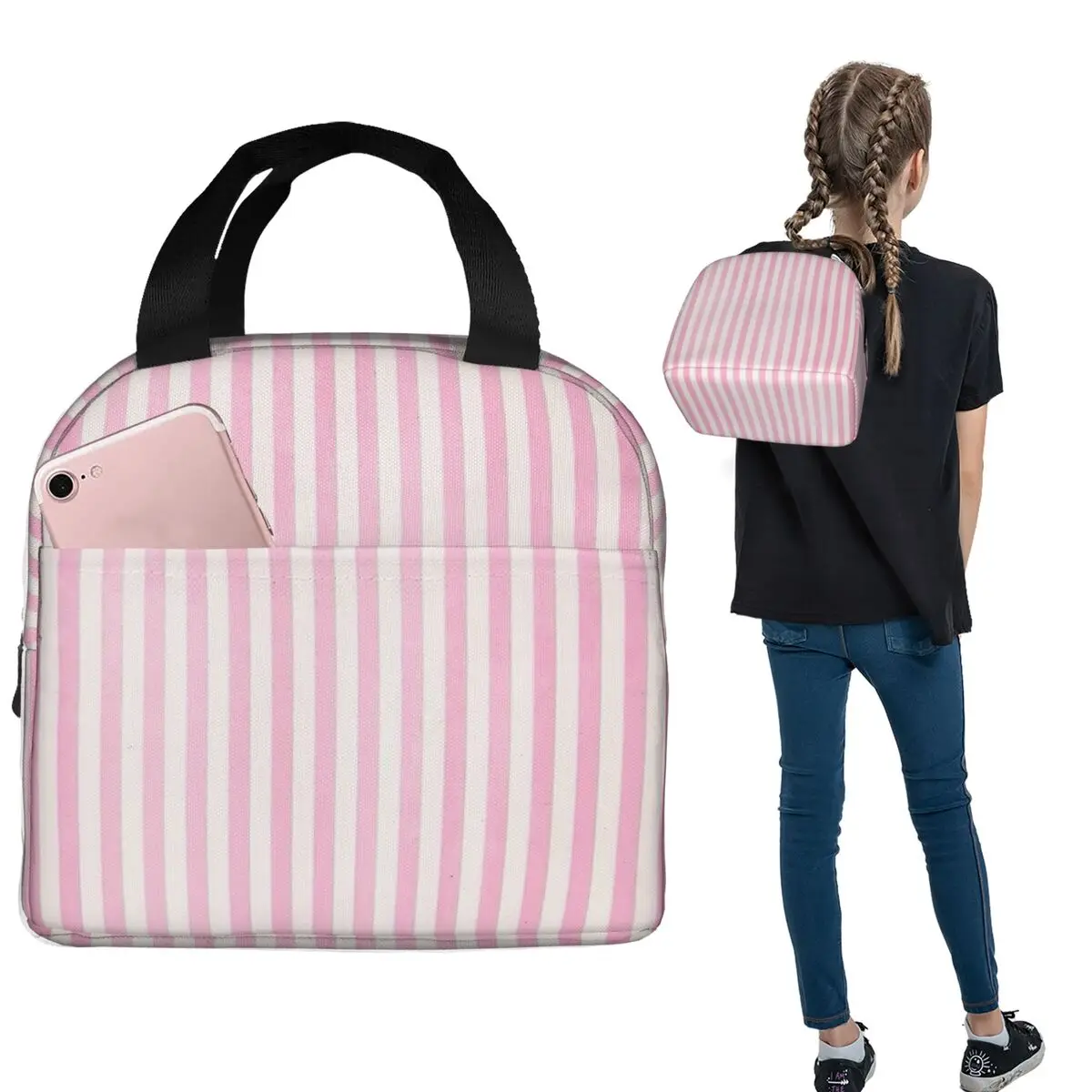 

Pale Pink White Stripes Insulated Lunch Bag for Women Kids Leakproof Food Boxes Thermal Lunch Box Tote