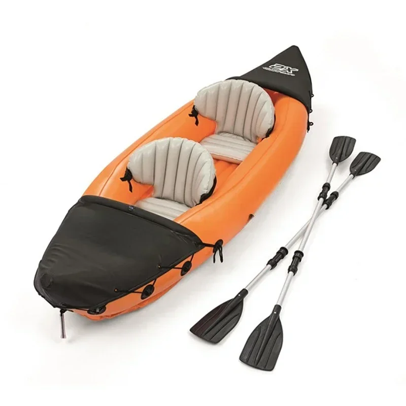 Barco de pesca de deportes acuáticos portátil naranja con bomba de aire de paleta y bolsa para 2 personas, kayak inflable de 321 por 88cm