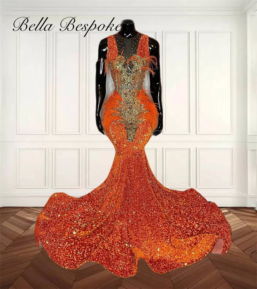 

Orange Feather Prom Dresses Long Tassel Evening Gowns Sequin Bead Crystal Mermaid Formal Dress O Neck Party Gown Customized