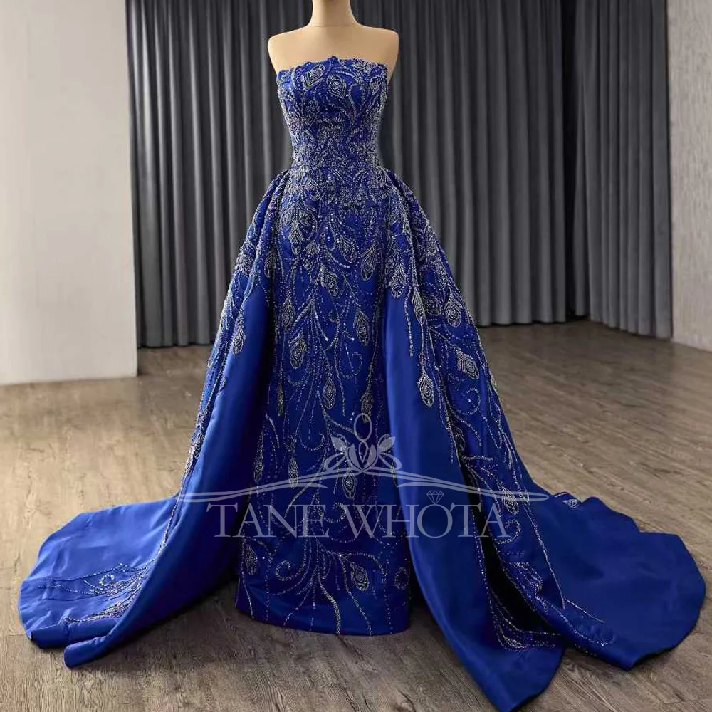 Blaues trägerloses, ärmelloses Abendkleid mit Schnürung am Rücken, Perlenstickerei und Pailletten, anpassbares Kleid für besondere Anlässe für Frauen