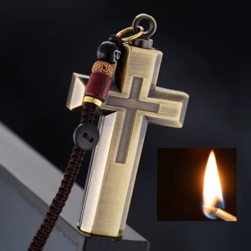 

Cross Shape Metal Lighter with Necklace Windproof Outdoor Survival Kerosenes Fire Starter Portable for Men's Collection