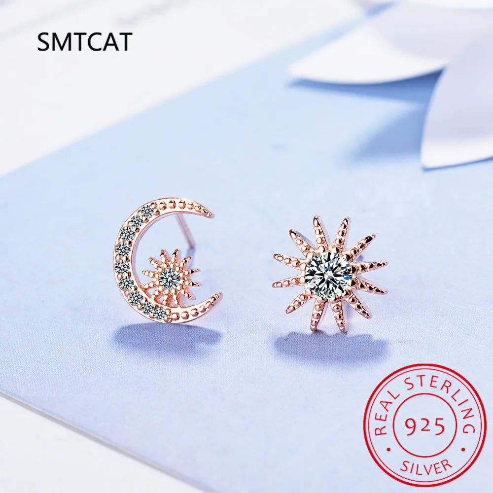 Real 925 Sterling Silver Zircon Moon Star Stud 14K Gold Earrings For Women Asymmetry Cute Fine Jewelry Drop shipping view 2