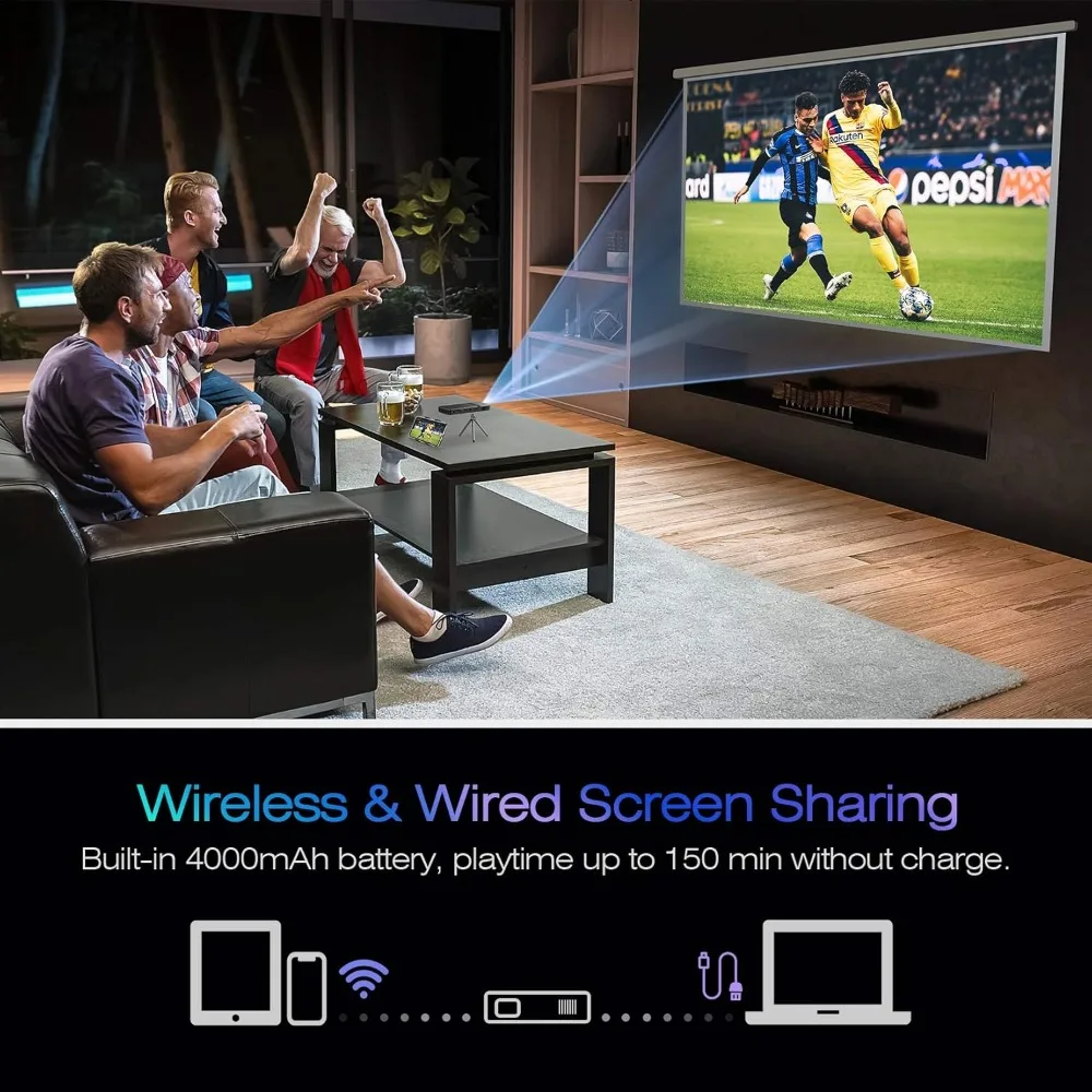 มินิโปรเจคเตอร์ขนาดพกพา DLP โปรเจคเตอร์พกพารองรับ HDMI WiFI แบตเตอรี่แบบชาร์จไฟได้ลําโพงสเตอริโอในตัว