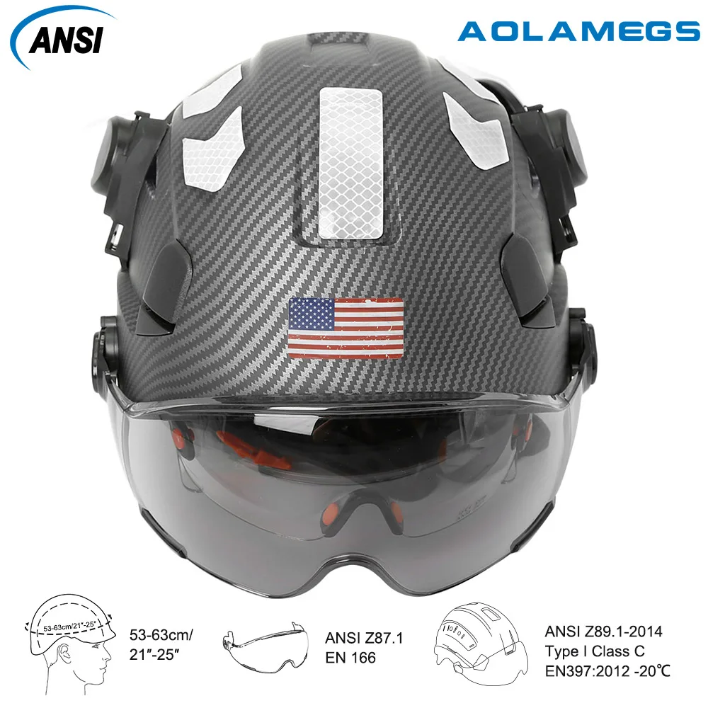 Carbon Fiber Pattern Construction Safety Helmet With Build in Visor Earmuff and Reflective Sticker ABS Head Protection Hard Hat
