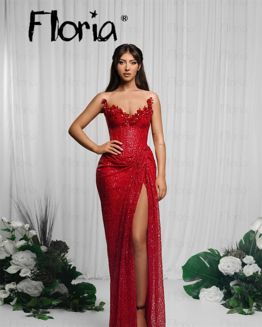 Floria Women\'s Prom Dresses Red Sexy Sequins Sleeveless Floor Length Dress Elegant Bridesmaid Evening Dress Party Gowns 2025