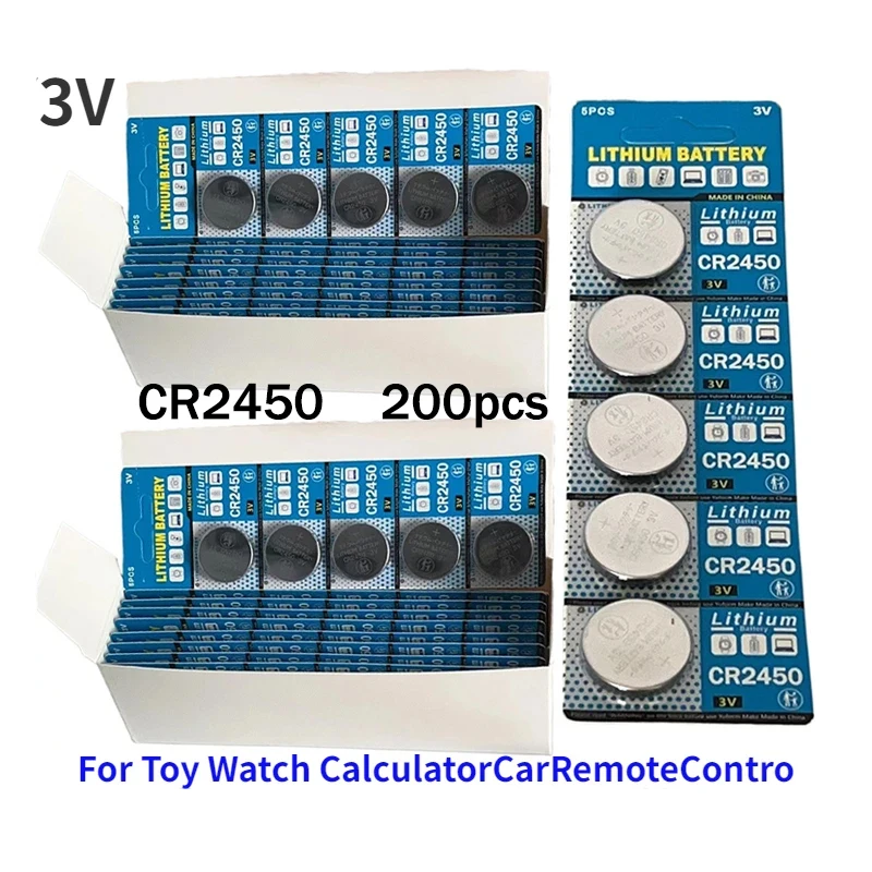 

200pcs New 3V CR2450 Lithium Button Battery DL2450 BR2450 LM2450 Button Battery for Toy Car Key Remote Watch LED Light Durable