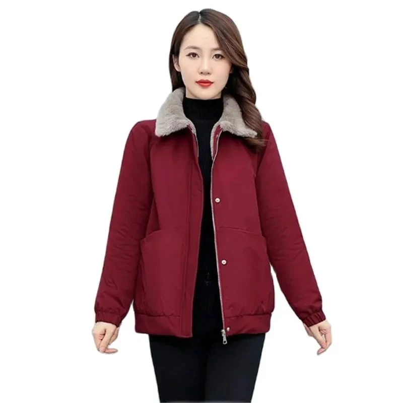 

2023 New Winter Short Cotton Coat Women Loose Wool Lapel Jacket Pure Colour Thicken Outerwear Keep Warm Parka Overcoat Female