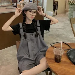 Rompers Women Loose Gray Pretty Style Fashion Black One Piece Cargo Jumpsuits Solid Korean Casual Sweet Chic Female Clothes