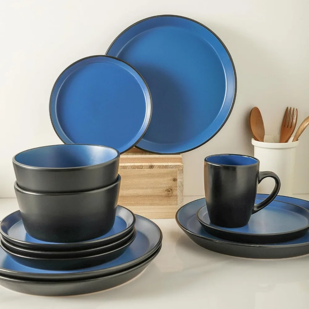 

Albie Stoneware, 32-комплект современной столовой посуды, наборы кухонных тарелок и мисок, набор посуды на 8, синий и черный