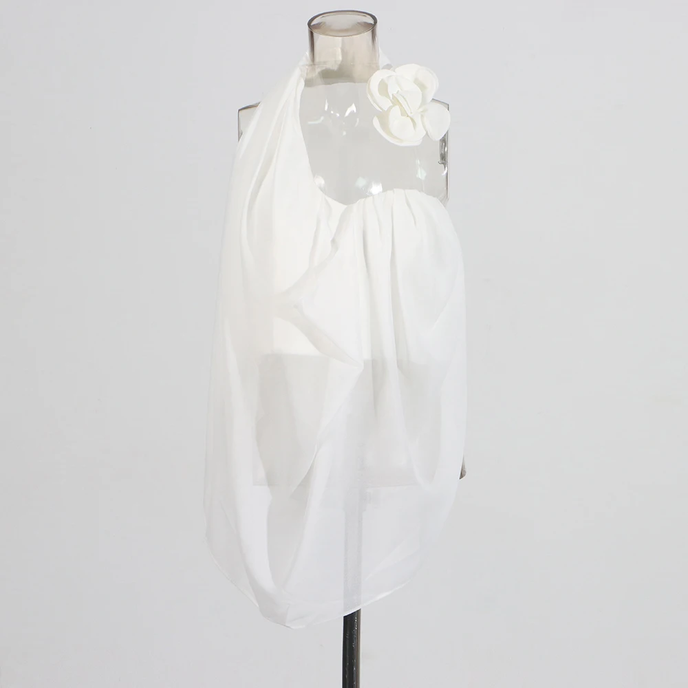 TWOTWINSTYLE Solid Slimming Spliced 3D Flower Blouses for Women Halter Neck Sleeveless Patchwork Folds Minimalist Blouse Female