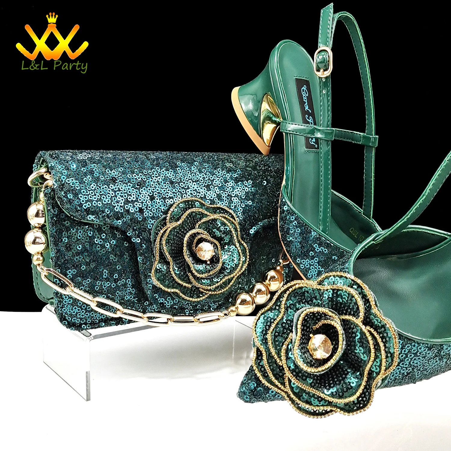 2024 Summer New Design Specials Italian Women Shoes and Bag Set in Green Color Comfortable Heels with Appliques for Party