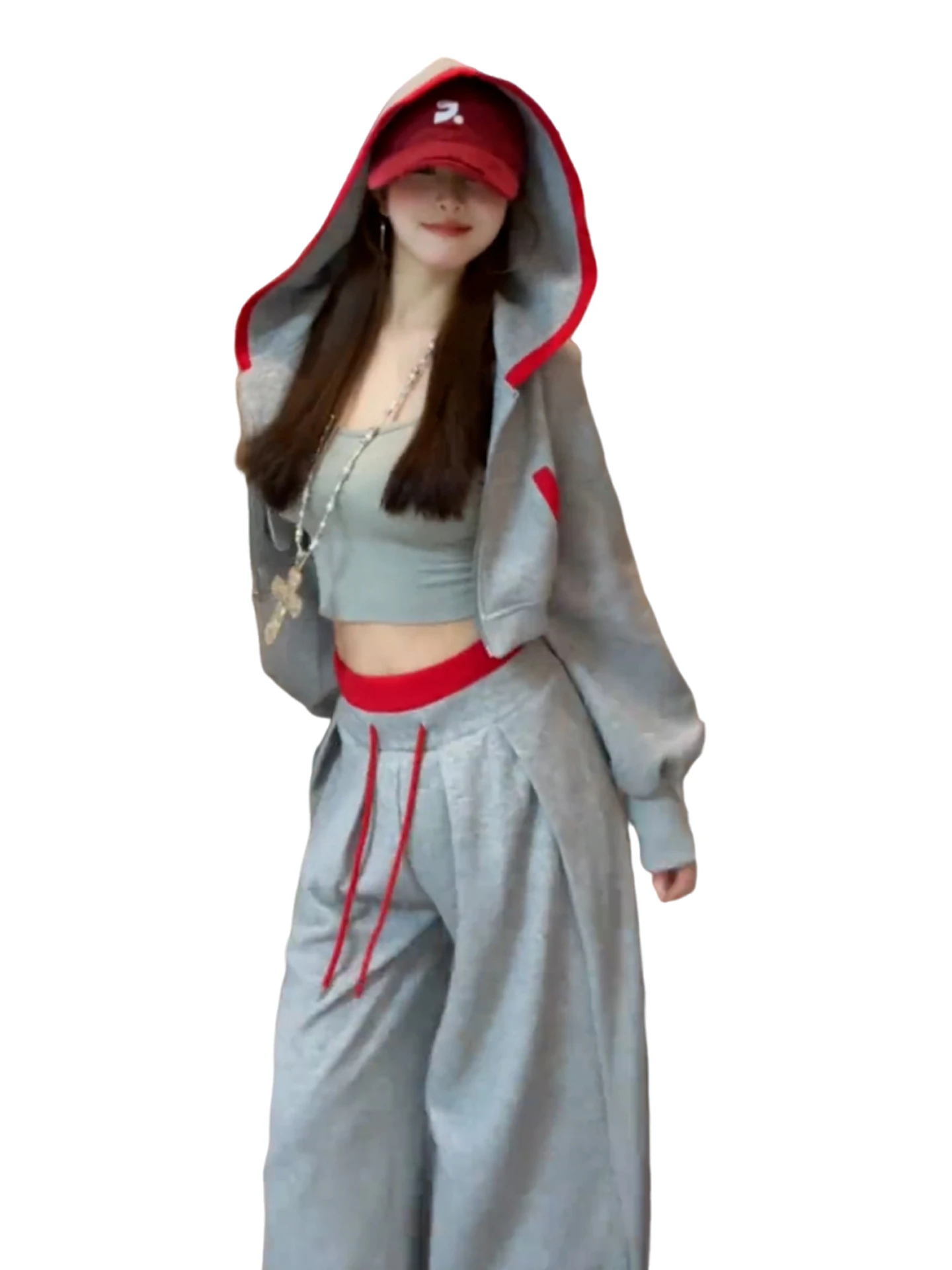 طقم نسائي أنيق للخريف مكون من سترة رمادية بقلنسوة وبنطلون واسع الساق بخصر مرتفع وتصميم برباط #2