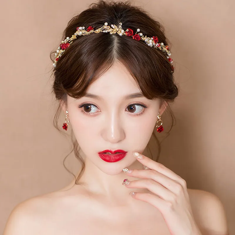 Elegant Girls Bridal Headband Red Cloth Flower Pearl Hair Headdress Flower Wreath Bride Garland Head Hoop Wedding Headbands