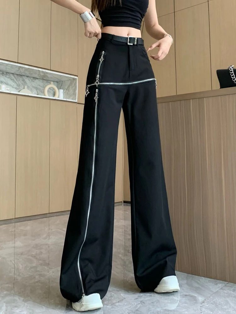 Spring 2024 Niche Design Zipper Deconstructed Suit Pants Clean Fit Casual Black Straight Wide Leg Trousers Women