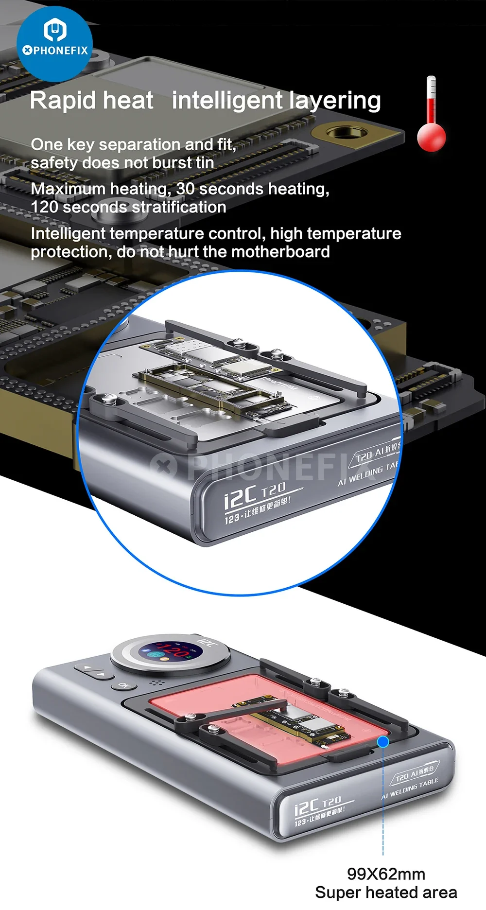 I2C T20 AI 지능형 예열 분리 플랫폼, 아이폰 안드로이드 메인보드 PCB CPU IC 페이스 ID 스크린 프레임 수리 도구