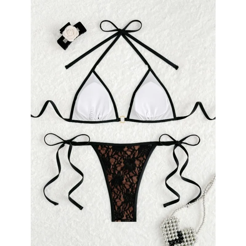 Preto renda string biquinis feminino maiô feminino banho de duas peças conjunto de biquíni cintura alta banhista natação senhora