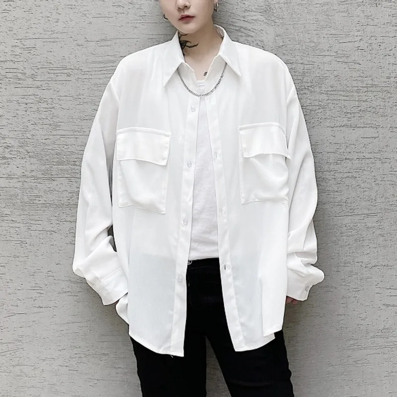 

Men Solid Color Shirt Lapel Long Sleeve Loose Large Pocket White Shirts Streetwear Korean Casual Versatile Camisas