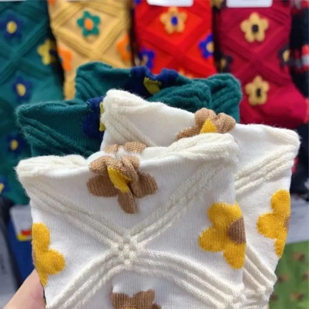 5 paires de chaussettes en coton pour femmes, douces, tendance, brodées, respirantes, mi-tube, bonneterie florale pour filles, chaussettes à fleurs d'automne pour femmes
