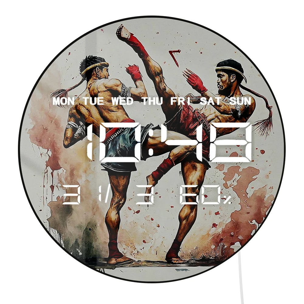 Muay Thai Fighter Large Auto Dimming LED Digital Wall Clock 12/24hr Electric Wall Clock with Temperature Humidity Calendar Date