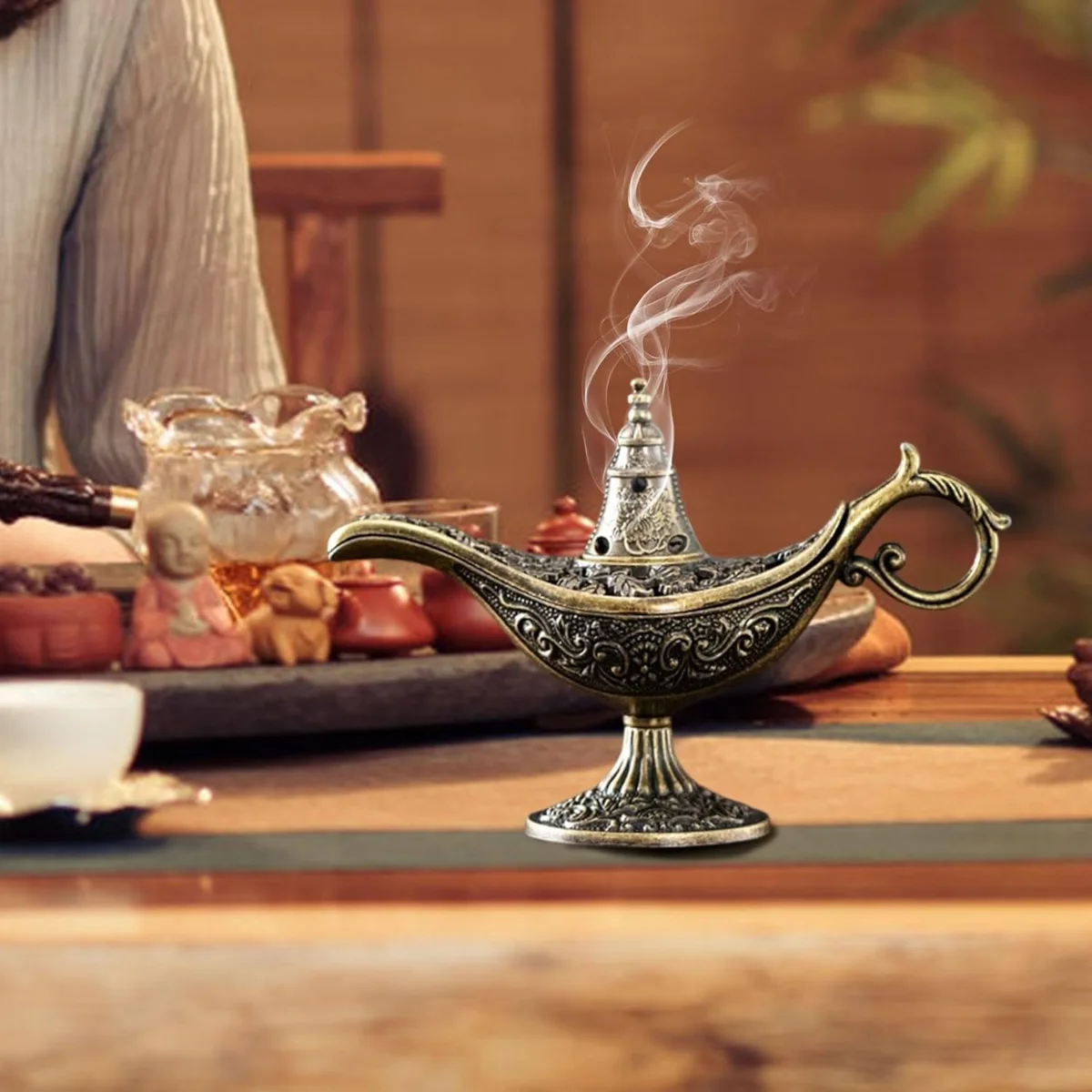 

Aladdin Magic Lamp Incense Burner Small Antique Bronze Alloy Desktop Decor for Home Office Meditation Arabian Nights Theme Gift