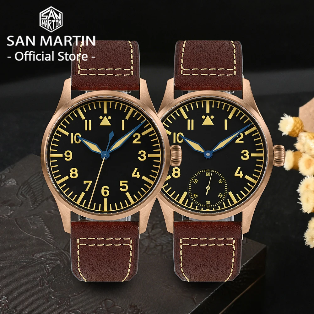 San Martin 41mm Cusn8 Bronze Pilot Watch NH35 Automatic ST3621 Manual Mechanical Men Watch Military Simple Sapphire 10ATM SN0117