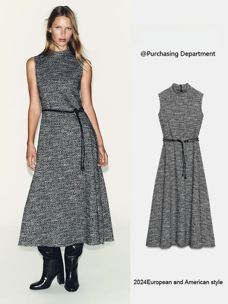 

Ele Svel Semi-High Collar Texture Dr with Belt New Winter 2025 Women's Faion Gown Classy Trendy Stage Costume