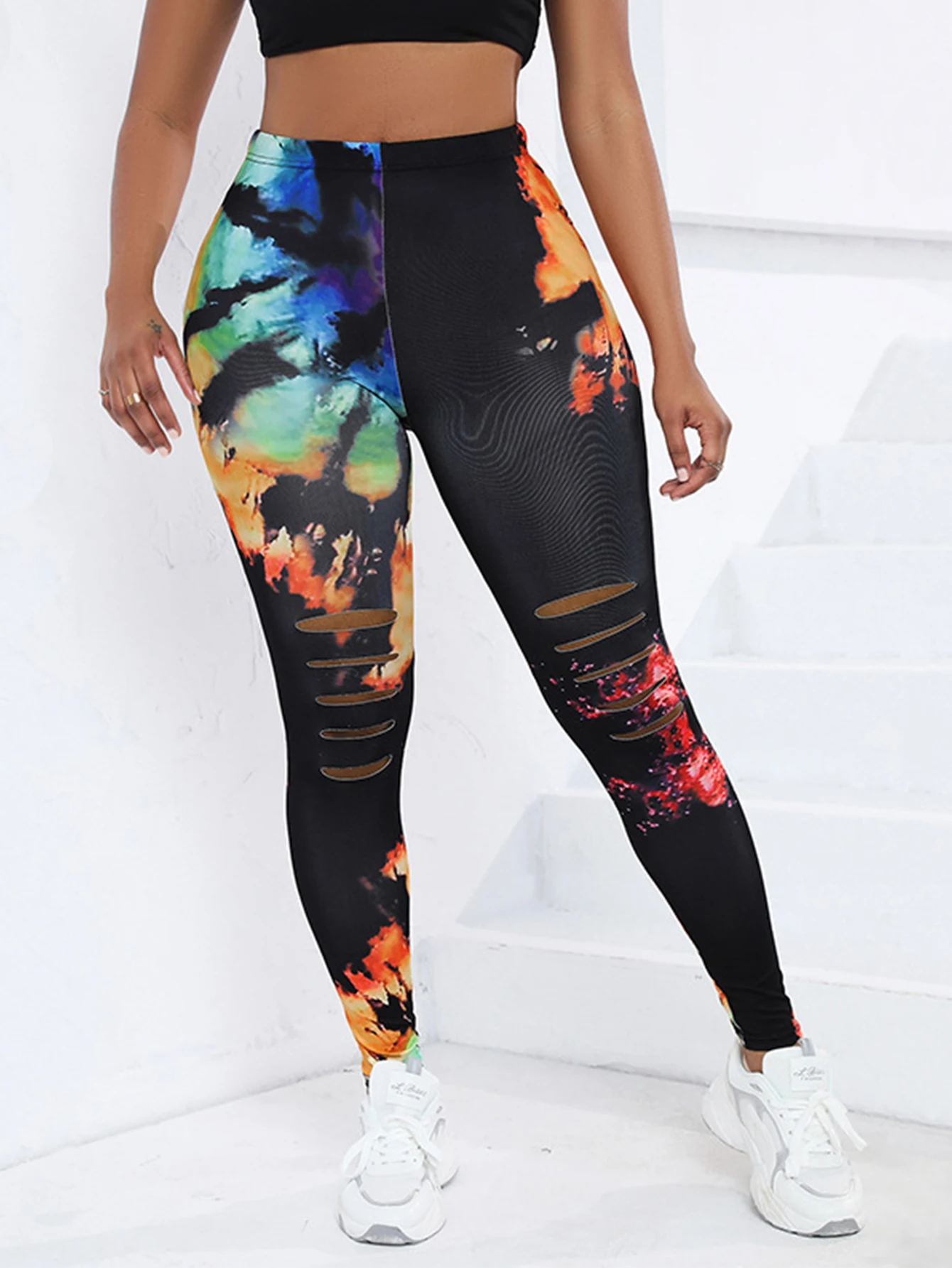 Europe And The United States New Fashion Tight Hole Leggings Women With Graffiti Holes High Stretch Nine-point Pants Women