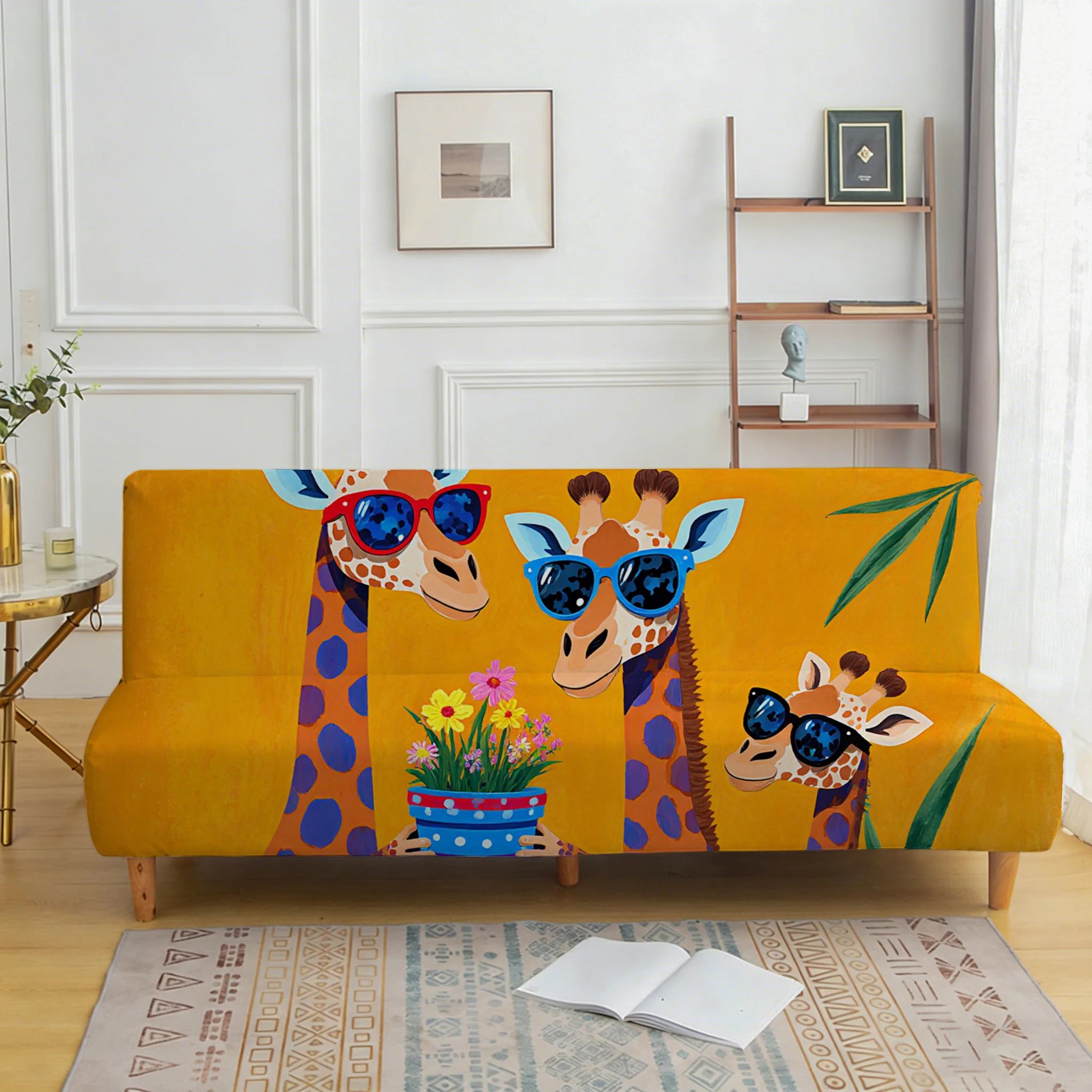 Cartoon abstract giraffe elastic sofa bed cover, living room sofa bed cover, dustproof machine washable sofa bed cover