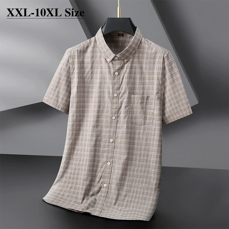 Large Size Men's Casual Short Sleeve Shirts Summer Thin Plaid Fashion Simple Classic Pocket Elastic Male Clothing Shirts