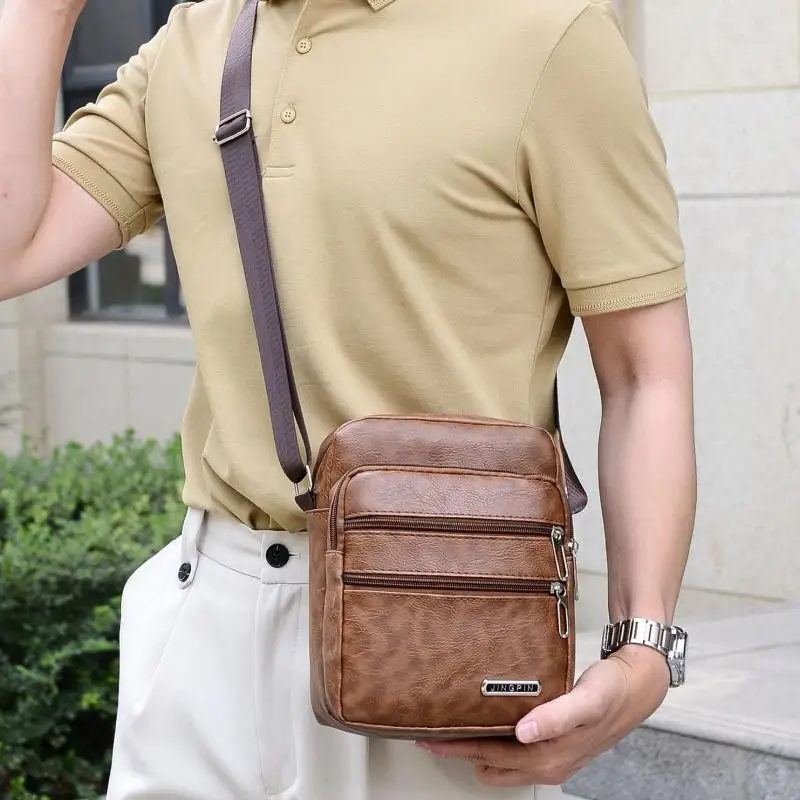 

HOT SALEPU Leather Men's Sling Bag Messenger Shoulder Crossbody Bags Large Capacity Handbags Multifunctional