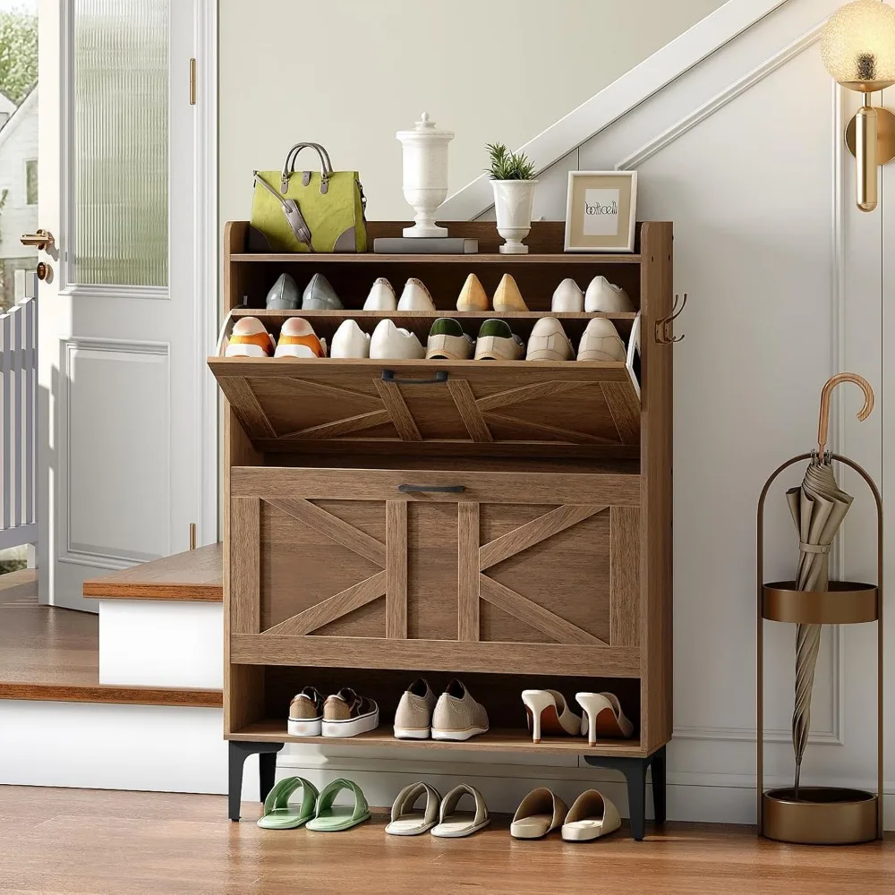 

Hidden Shoe Storage Cabinet with 2 Flip Drawers | Freestanding Organizer for Entryway