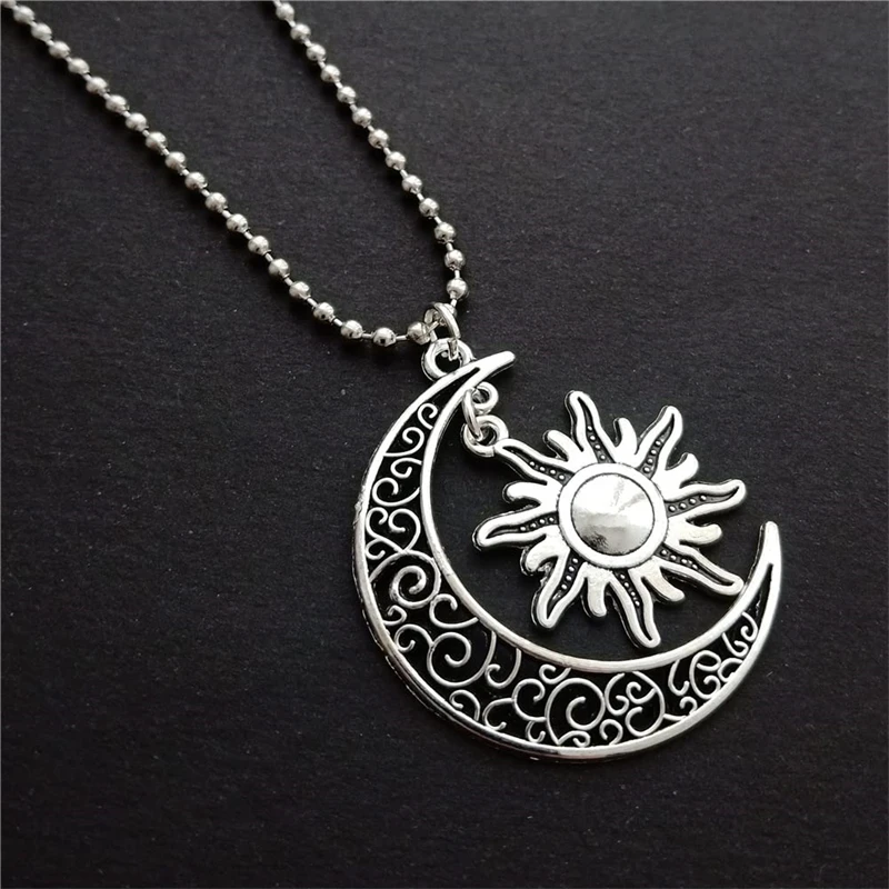 Crescent Moon Pendant Necklace, Sun and Moon Charm Stainless Steel Ball Chain Long Necklace for Man Woman, Bohemia Jewelry