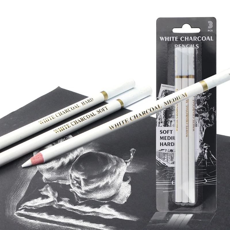 3 Pcs White Sketch Charcoal Pencils Soft/Medium/Hard White Charcoal Wooden Pencils for Artist Drawing Sketching Blending 24BB