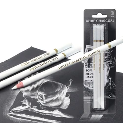 Lápices de carbón blanco para bocetos, lápices suaves/medianos/duros de madera de carbón blanco para dibujo artístico, mezcla de bocetos, 24BB, 3 piezas