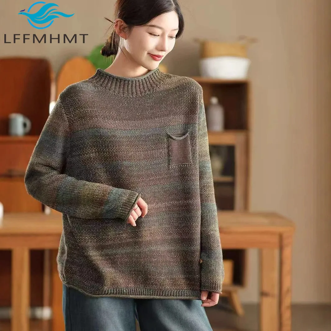 Good Quality Cotton Yarn Striped Sweater for Women Winter Fall Fashon Soft Comfortable Thicken Warm Knitting Vintage Pullovers