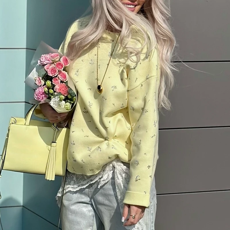 

Новый свитер-пуловер в европейско-американском стиле, средней и большой длины, вязаный, с цветочным узором, круглым вырезом, свободный, повседневный, универсальный, в стиле «ленивый шик»