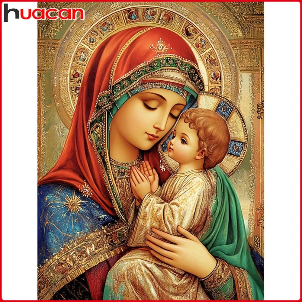 Huacan Vollquadrat Rundbohrer Diamantgemälde Heilige Mutter Kinder Diamantmosaik Porträt Religion Kunst Dekorative Gemälde