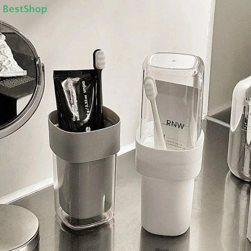 ♥Portable Travel Toiletry Cup - 2-in-1 Clear Container Toothbrush Holder for Bathroom & Travel