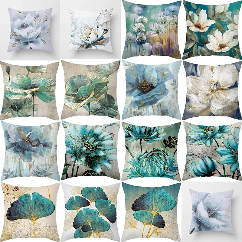 Funda de cojín de poliéster con estampado de hojas de ginkgo, funda de almohada decorativa para sofá, decoración del hogar