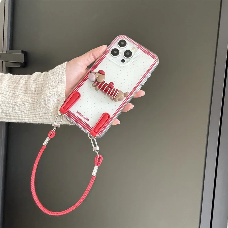 

Fashion Cute Puppy Red Polka Dot Phone Case For iPhone 16 Pro 14 15 Pro Max Cover with Hand Strap Shockproof Cases
