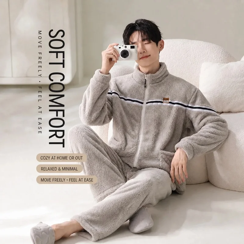 Men's Light Gray Thick Flannel Pajama Set, Warm Stand-Collar Zip-Up Sleepwear for Fall and Winter