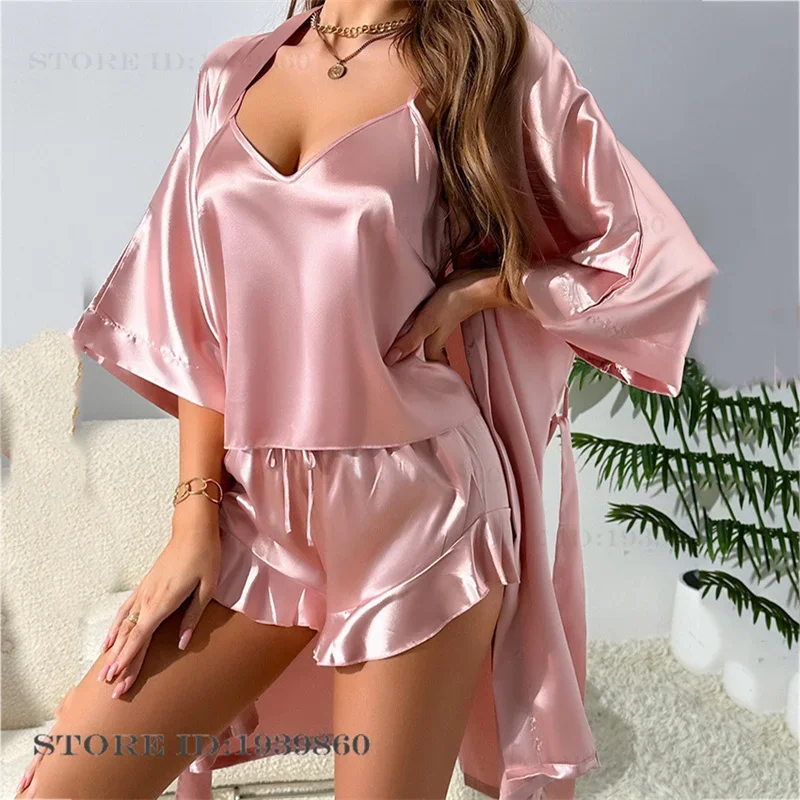 Female 3PCS Pajamas Set Kimono Bathrobe Gown Spring Summer New Sleepwear Strap Top&shorts Lingerie Loose Silk Satin Home Wear - Image 3