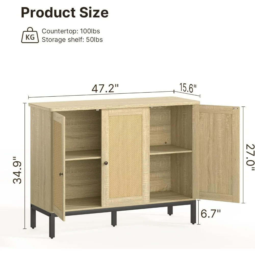 Buffet Cabinet with Storage, Kitchen Sideboard Buffet Storage Cabinet with 3 Rattan Decorated Doors, Accent Cabinet