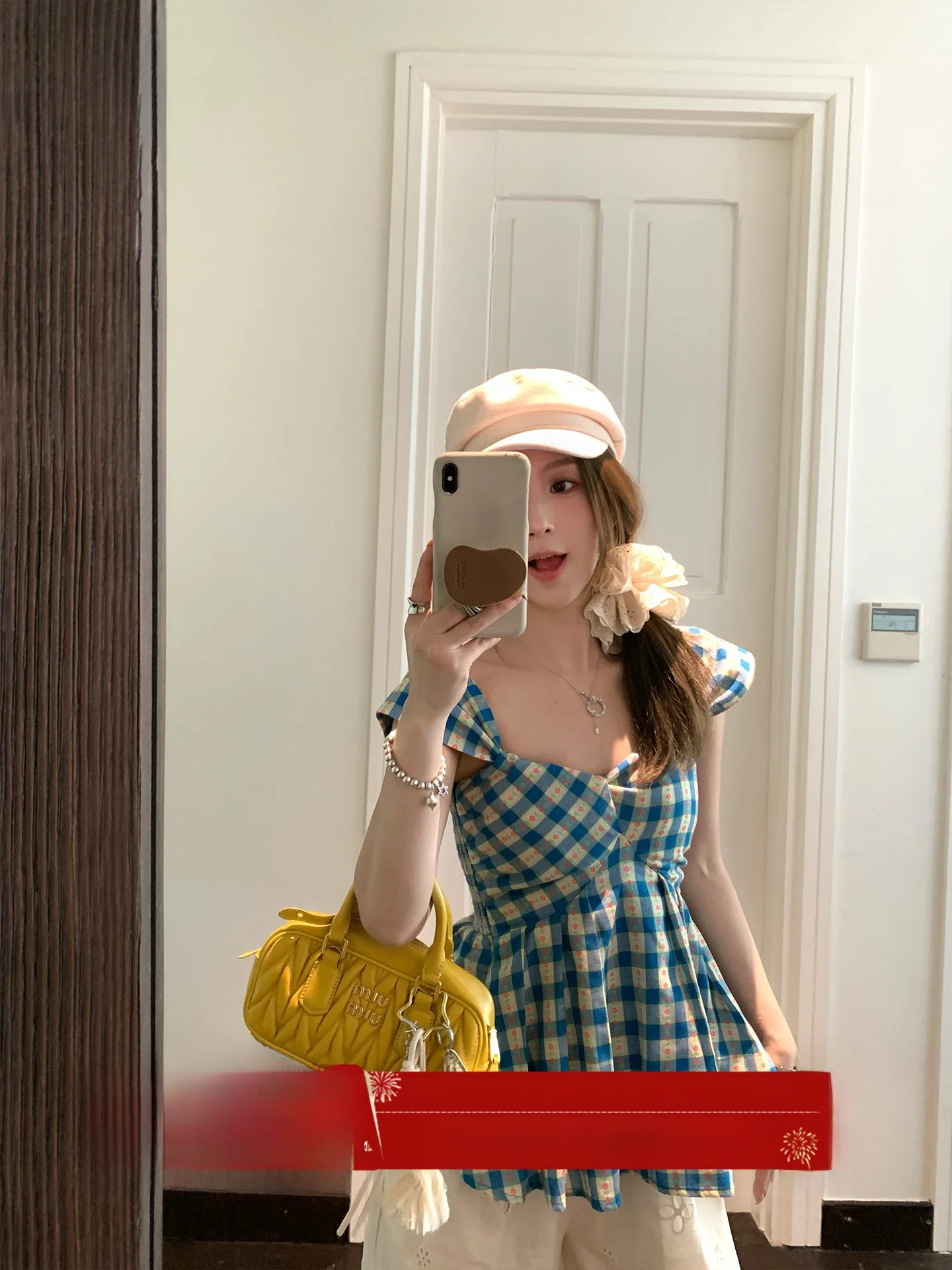 

Летний корейский синий клетчатый жилет MLS для женщин с V-образным вырезом, приталенный, пышный, модный, с драпировкой