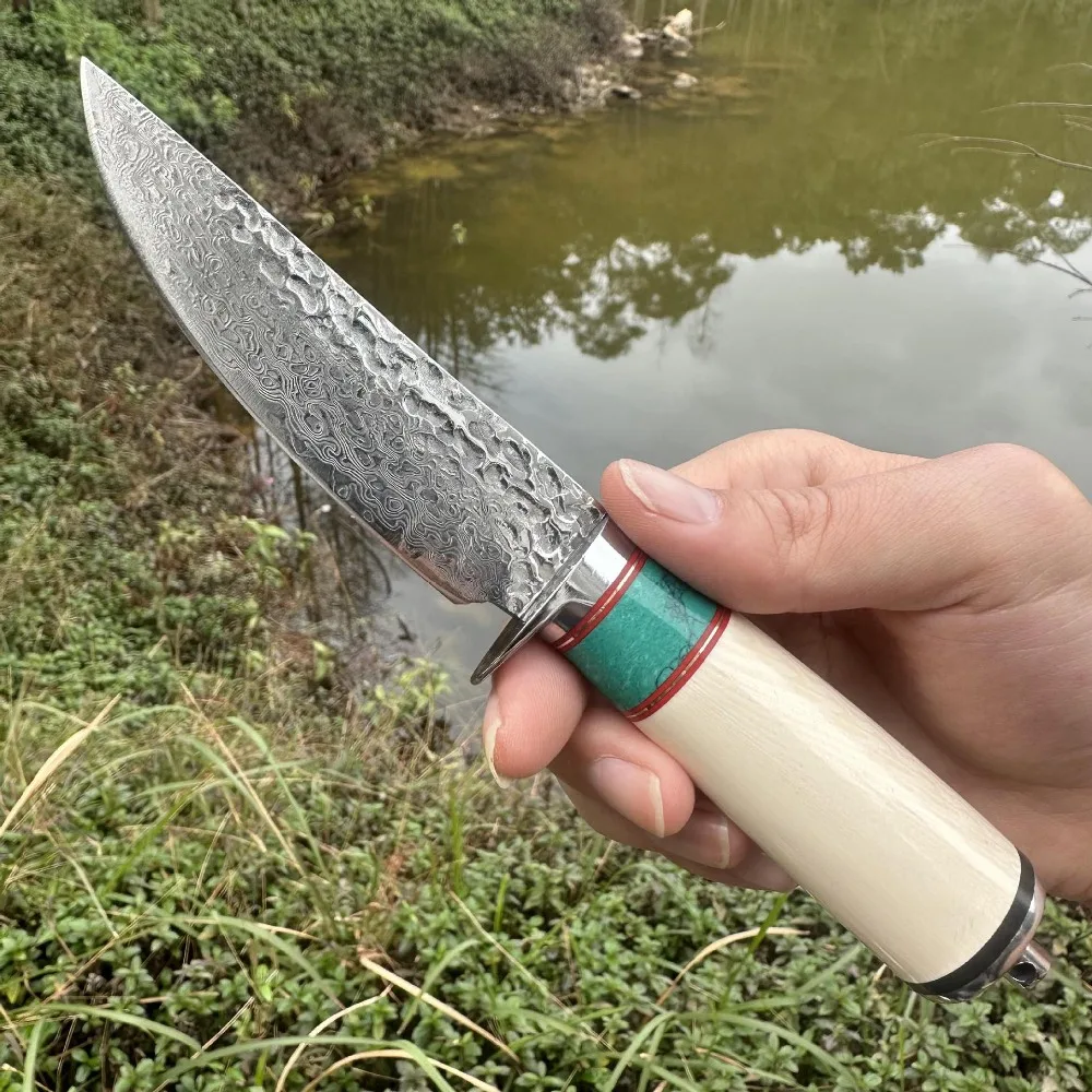 

Damascus VG10 hammer mirror blade imitation ivory handle cowhide knife set hand handle meat Outdoor camping straight knife