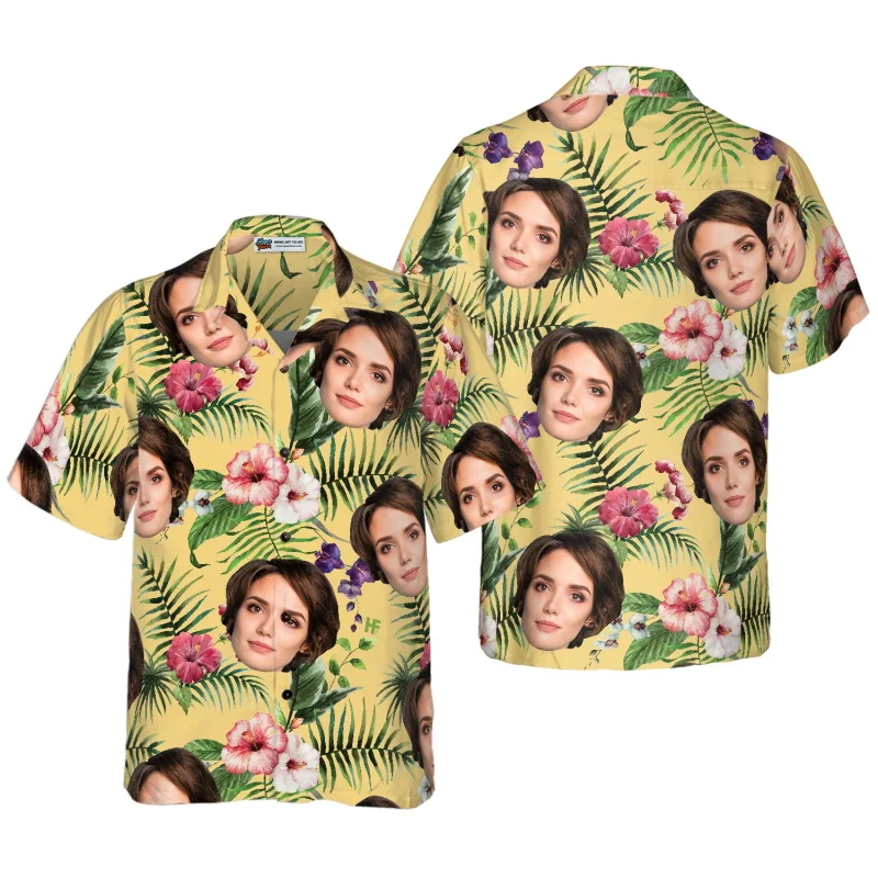 Funny Custom Face Floral Pattern Beach Shirts For Men Diy Photo Button Hawaiian Party Shirt Men's Personalized Aloho Shirt