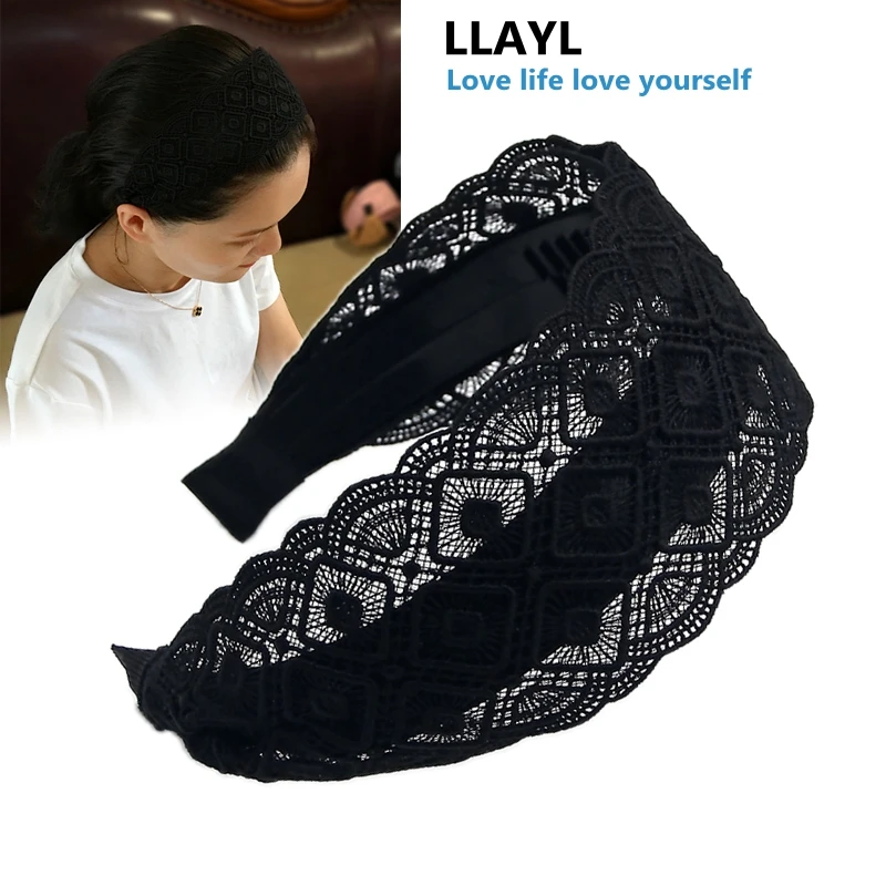 New Black Wide-brimmed Headband Women Solid Color Lace Hairband knitting Hair Hoop Girls Retro makeup Hair Accessories